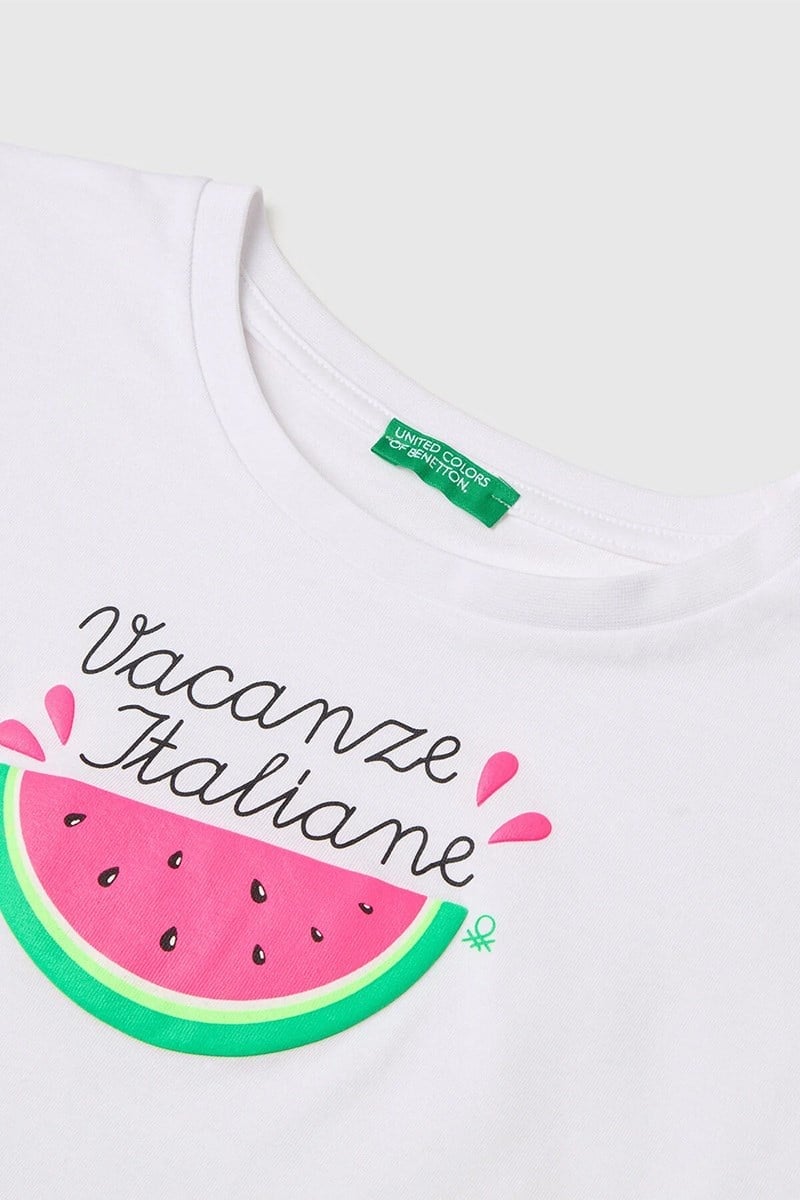 United Colors of Benetton Kız Çocuk Kabarık Baskı Detaylı T-Shirt Beyaz 6-14 Yaş