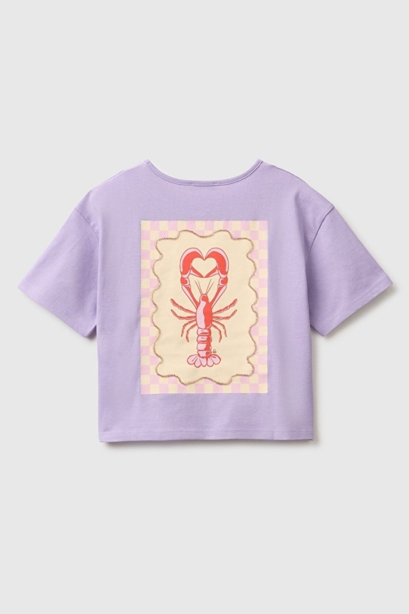 United Colors of Benetton Kız Çocuk Lila Ön ve Arka Baskı Detaylı Boncuk İşlemeli Geniş Yaka T-Shirt 6-14 Yaş 