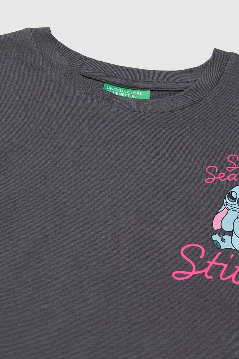United Colors of Benetton Kız Çocuk Lilo & Stitch Baskı Detaylı Crop T-Shirt Kahverengi 6-13 Yaş