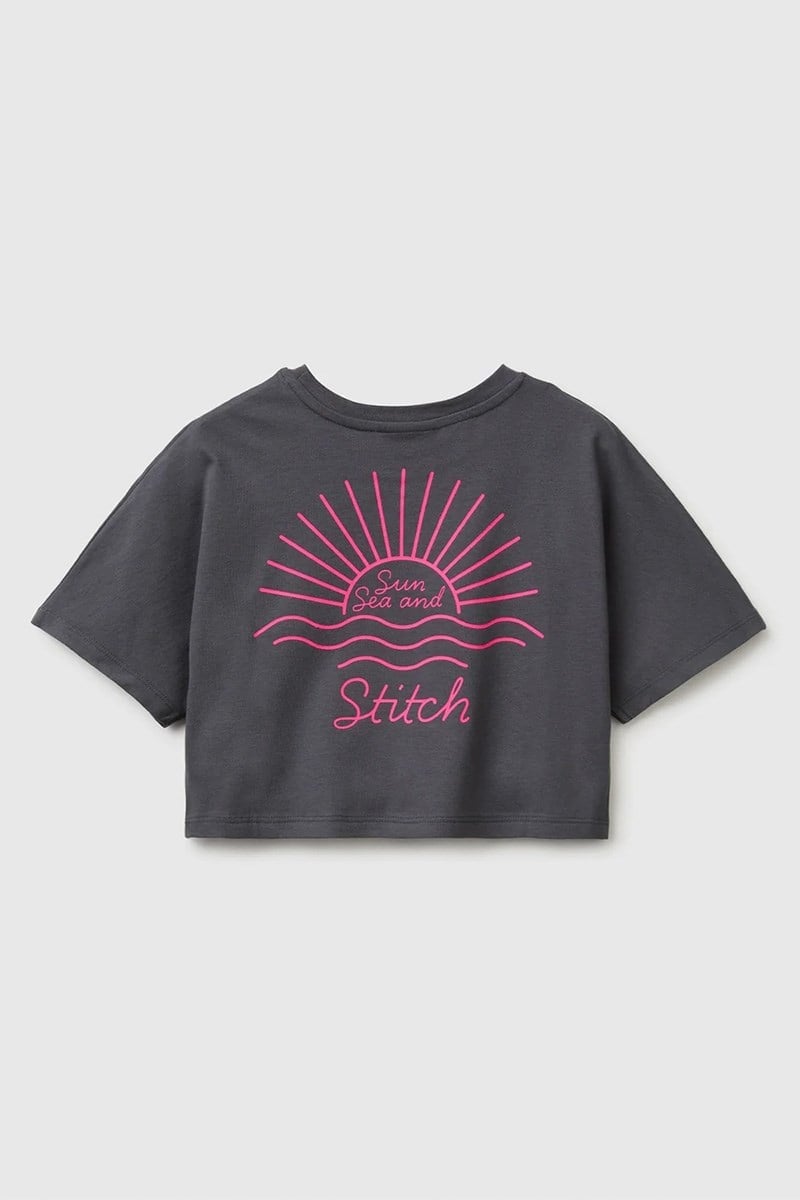 United Colors of Benetton Kız Çocuk Lilo & Stitch Baskı Detaylı Crop T-Shirt Kahverengi 6-13 Yaş