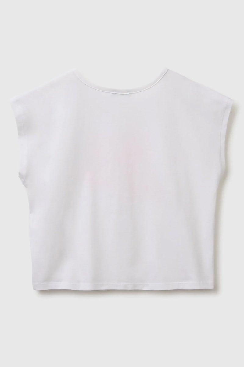 United Colors of Benetton Kız Çocuk Pul Baskı Detaylı Bisiklet Yaka T-Shirt Beyaz -Pembe 6-14 Yaş