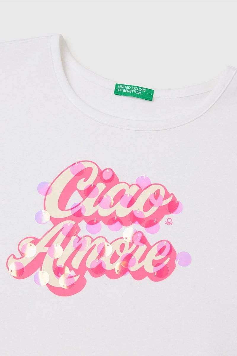 United Colors of Benetton Kız Çocuk Pul Baskı Detaylı Bisiklet Yaka T-Shirt Beyaz -Pembe 6-14 Yaş