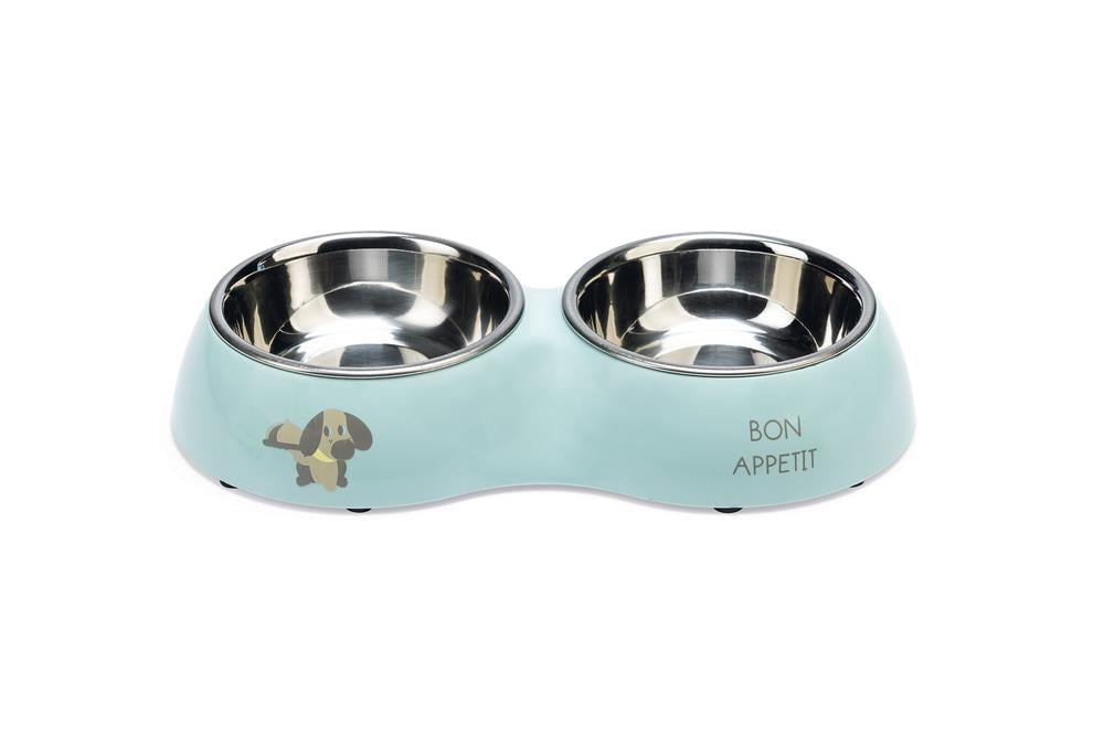 Beeztees Köpek İkili Mama ve Su Kabı, Paslanmaz Çelik, Turkuaz, 27x14cm, 2x160ml