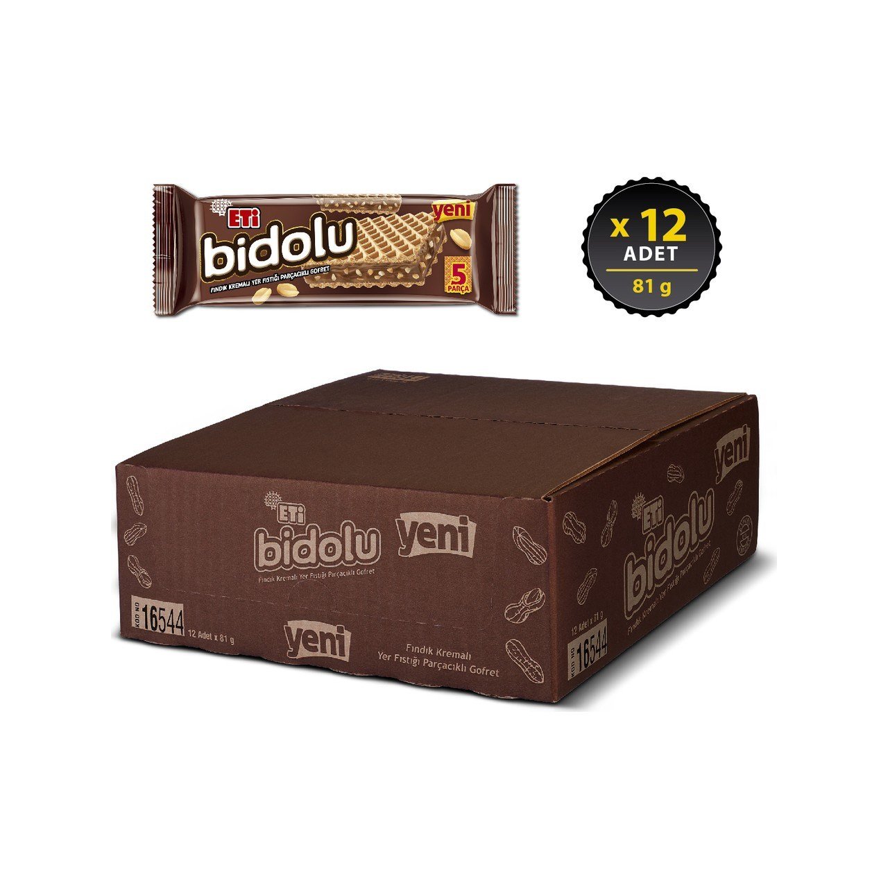 Eti Bidolu Fındık Kremalı Yer Fıstığı Parçacıklı Gofret 81 Gr x12 li Koli