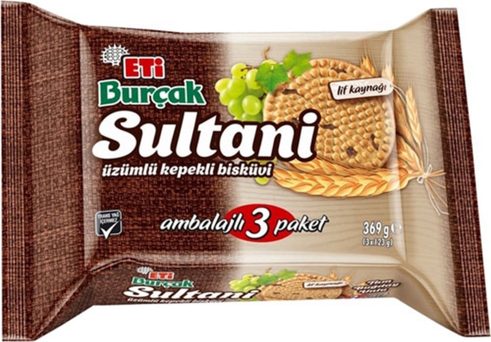 Eti Burçak Sultani 3 lü Üzümlü Kepekli Bisküvi 369 gr x14 lü Koli