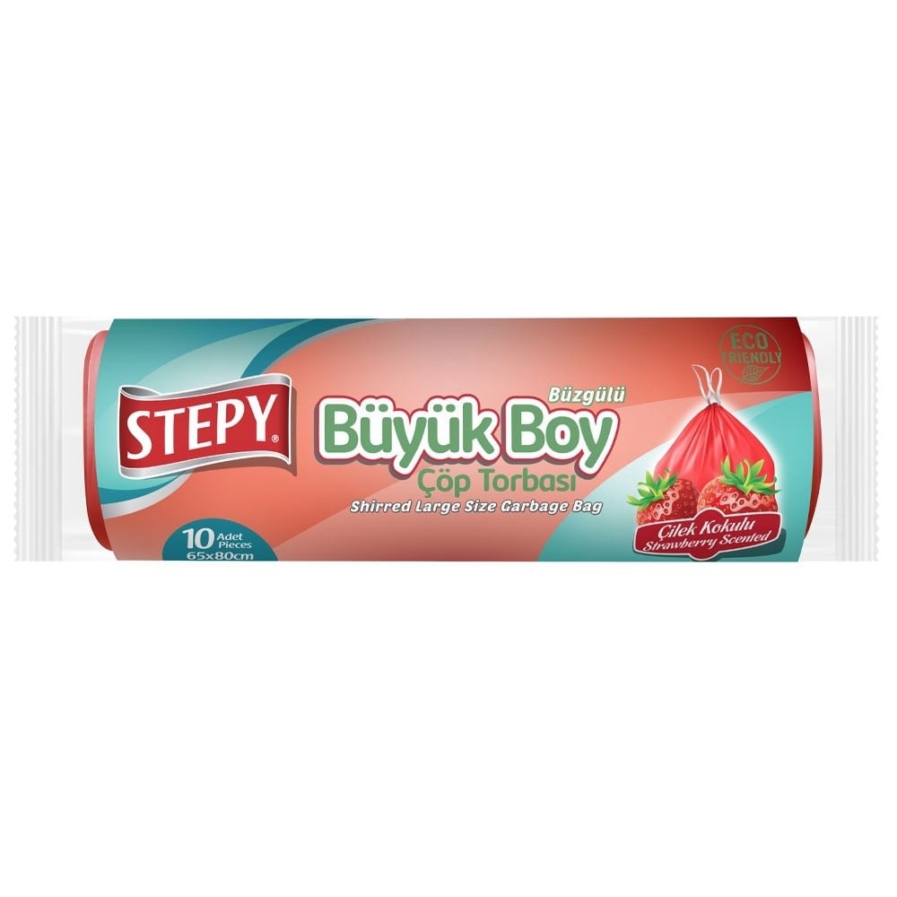 Stepy Çöp Poşeti Büzgülü 10 lu Büyük Çilek Kokulu 65X80 cm