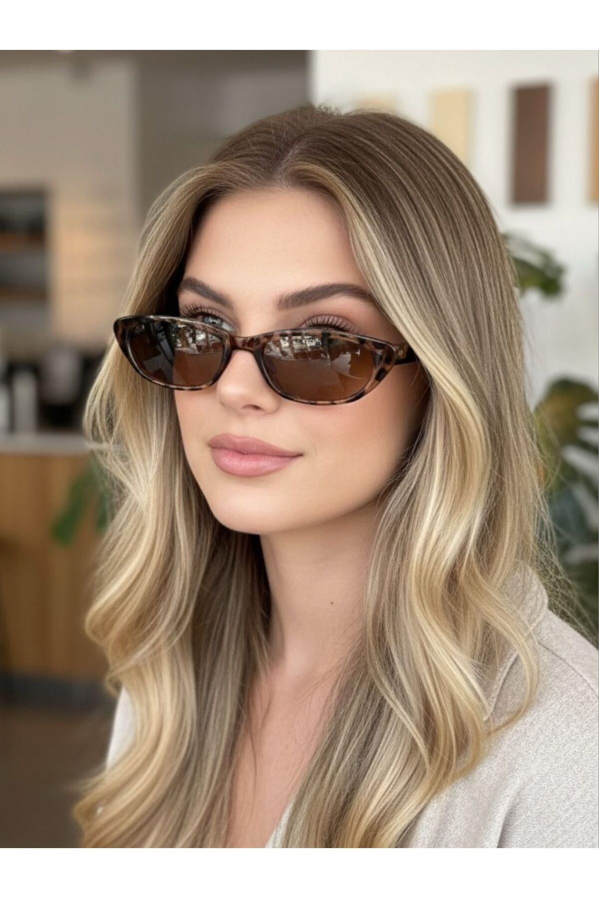 Aventino Leopar Çerçeve Kahverengi cam Çekik Cat Eye Minik Çekik Trend Küçük Boy Güneş Gözlüğü