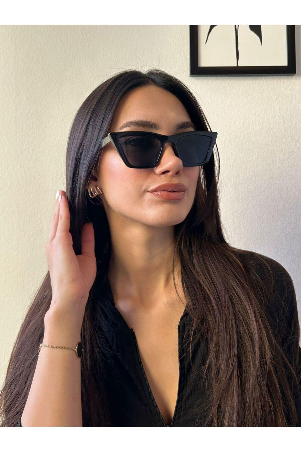 Cat Eye Siyah Çekik Güneş Gözlüğü Unisex Retro Model Kılıf Ve Bez Hediyeli