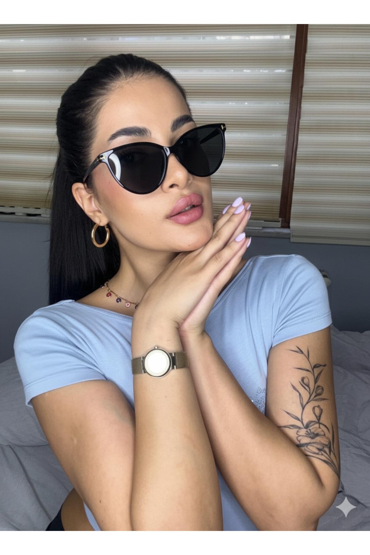 Ena Siyah Cat Eye Çekik Siyah Gözlük Güneş Gözlüğü Gold T Aksesuarlıdır