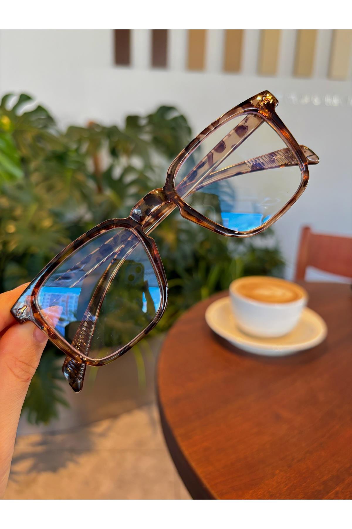 Mocha Leopar Desenli Köşeli Hafif Mavi Işık Korumalı Gözlük Optik Uyumlu Unisex Gözlük