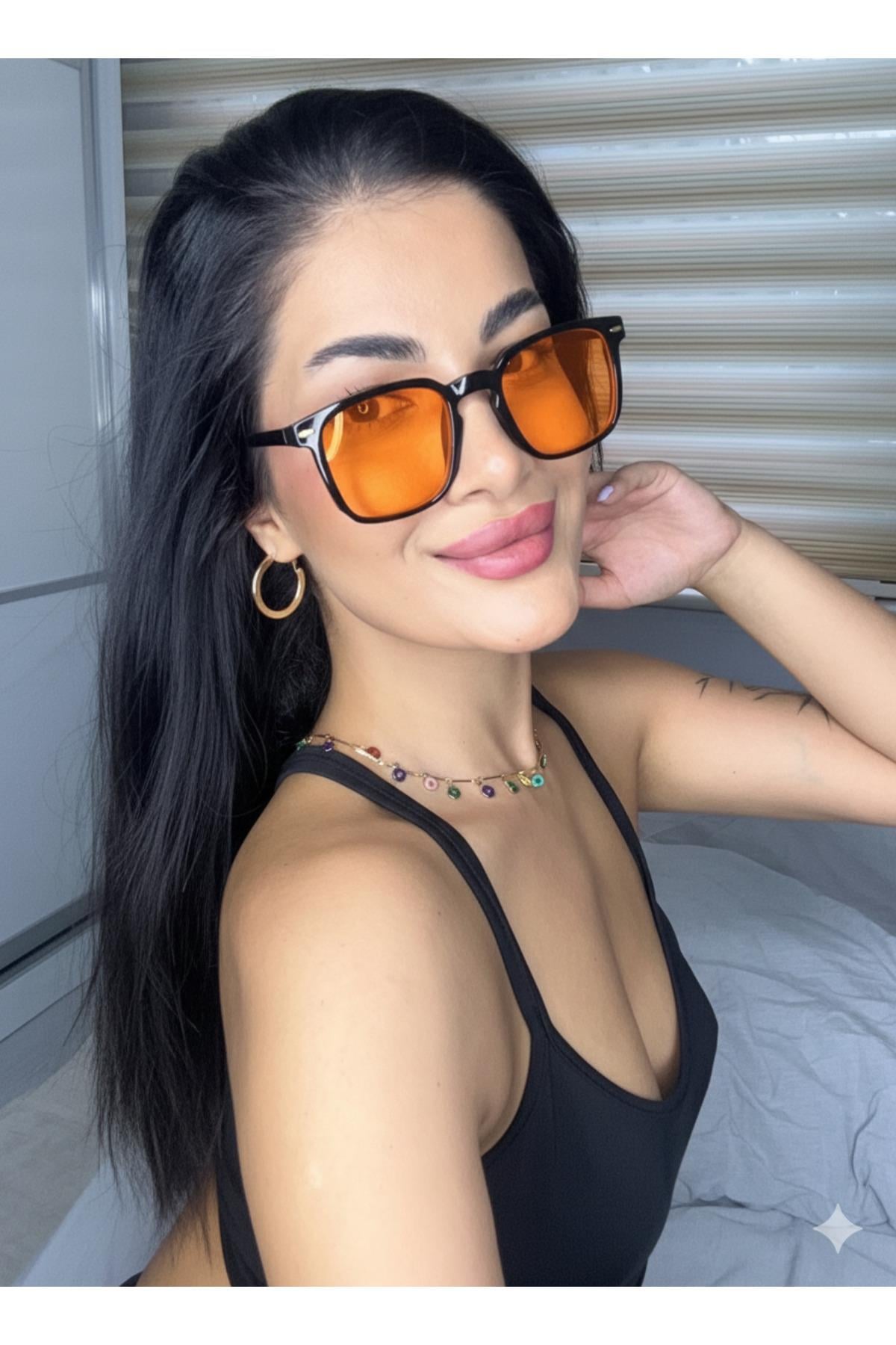 Mocha Turuncu Camli Siyah Çerçeveli Köşeli Unisex Güneş Gözlüğü Hit Model