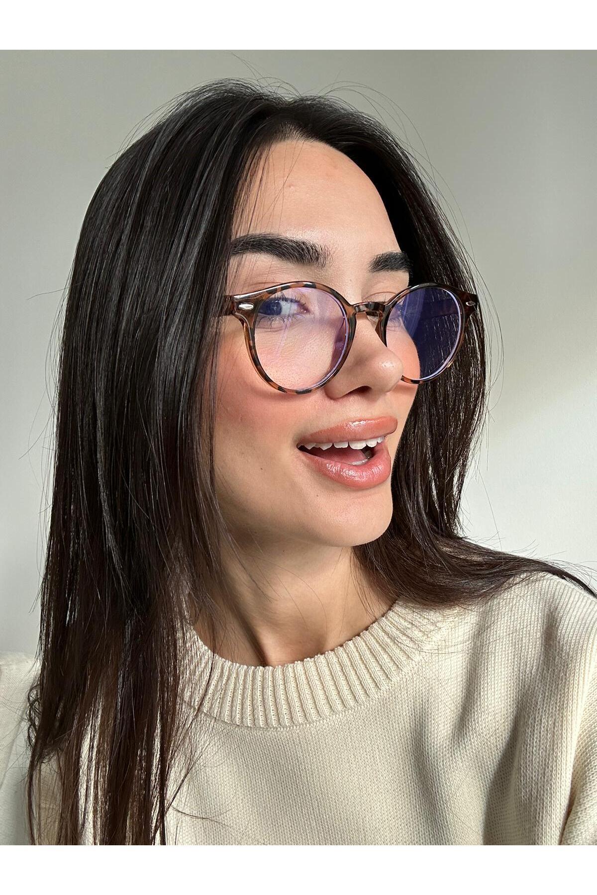 Roller Yuvarlak Leopar Desenli Unisex Kadın Erkek Popüler Gözlük Mavi Işık Korumalı Gözlük