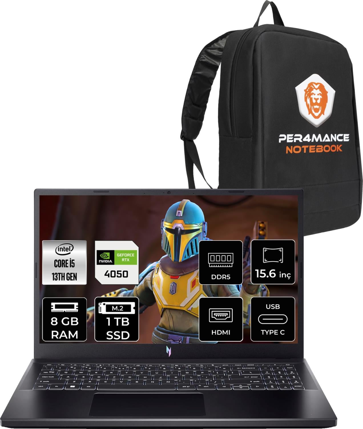 Acer Nitro V 15 Intel Core I5 13420H 8gb 1tb SSD RTX4050/6GB 15.6'' Fhd 144Hz Fdos Taşınabilir Bilgisayar & Per4 Çanta NHQNBEY004P303