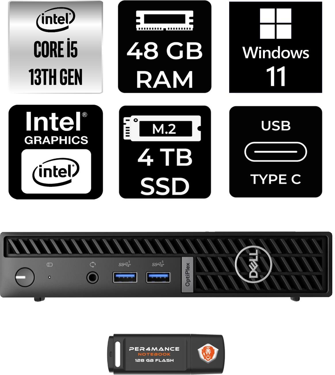 Dell Optiplex 7010MFF Intel Core I5 13500T 48GB 4tb SSD W11P N002O7010MFF Mini Pc & Per4 USB Bellek N002O7010MFFP445