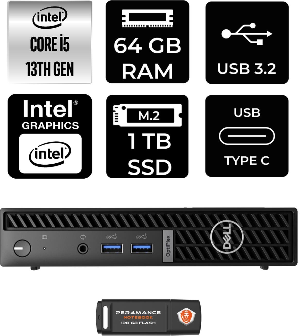 Dell Optiplex 7010MFF Intel Core I5 13500T 64GB 1tb SSD Fdos N002O7010MFF Mini Pc & Per4 USB Bellek N002O7010MFFP348