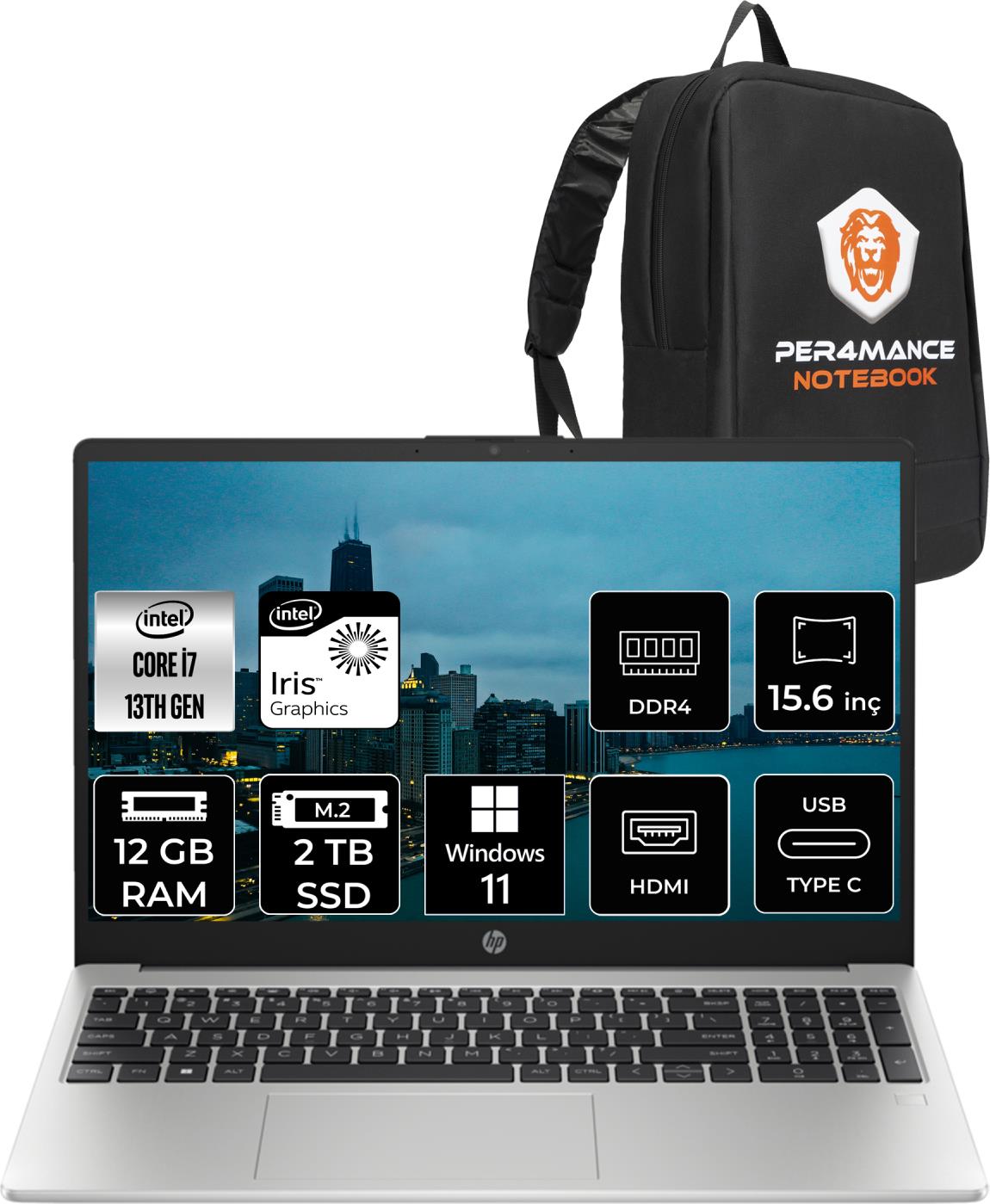 Hp 250 G10 Intel Core I7 1355U 12GB 2tb SSD 15.6'' Fhd W11P Taşınabilir Bilgisayar 8A541EA & Per4 Çanta 8A541EAP409
