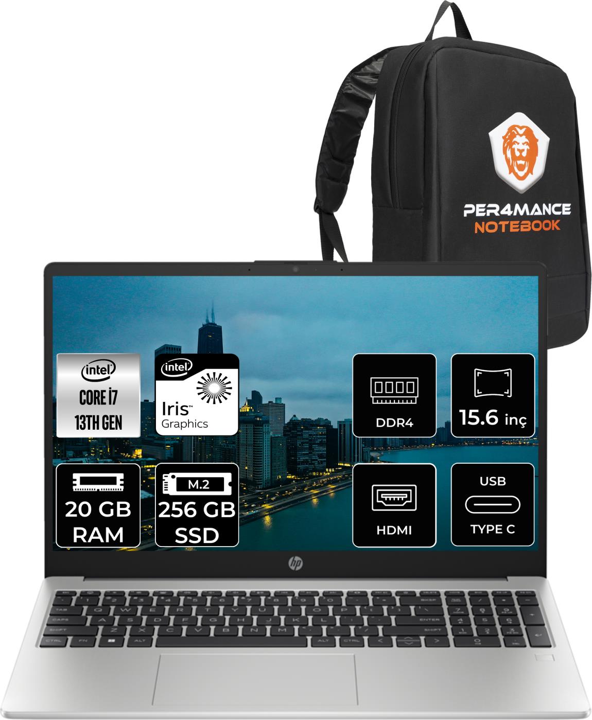 Hp 250 G10 Intel Core I7 1355U 20GB 256GB SSD 15.6'' Fhd Fdos Taşınabilir Bilgisayar 8A541EA & Per4 Çanta 8A541EAP316