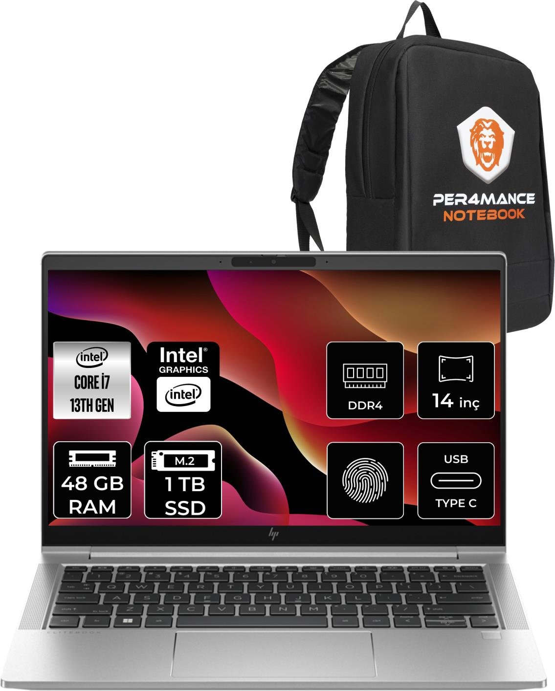 Hp Elitebook 640 G10 Intel Core I7 1355U 48GB 1tb SSD 14'' Fhd Fdos Taşınabilir Bilgisayar 8A571EA & Per4 Çanta 8A571EAP343