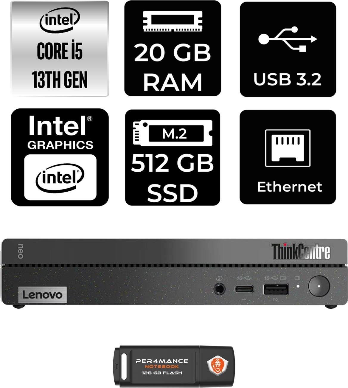 Lenovo Thinkcentre 50Q Gen 4 Intel Core I5 13420H 20GB 512GB SSD Fdos 12LN0048TR Mini Pc & Per4 USB Bellek 12LN0048TRP317
