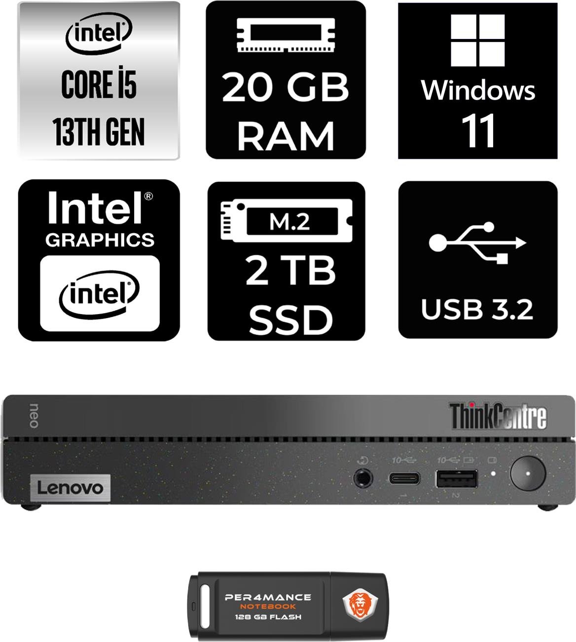 Lenovo Thinkcentre 50Q Gen 4 Intel Core I5 13420H 20GB 2tb SSD W11P 12LN0048TR Mini Pc & Per4 USB Bellek 12LN0048TRP419