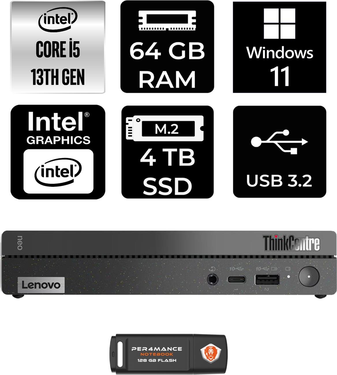 Lenovo Thinkcentre 50Q Gen 4 Intel Core I5 13420H 64GB 4tb SSD W11H 12LN0048TR Mini Pc & Per4 USB Bellek 12LN0048TRP400