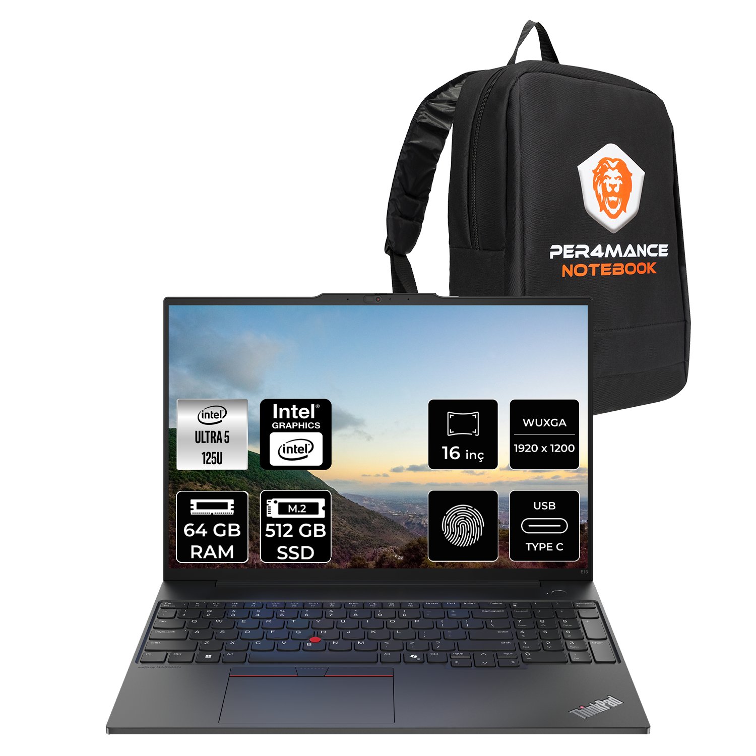 Lenovo Thinkpad E16 Intel Core Ultra 5 125U 64GB 512GB SSD 16'' Fhd+ Fdos Taşınabilir Bilgisayar & Per4 Çanta 21MA003MTXP332