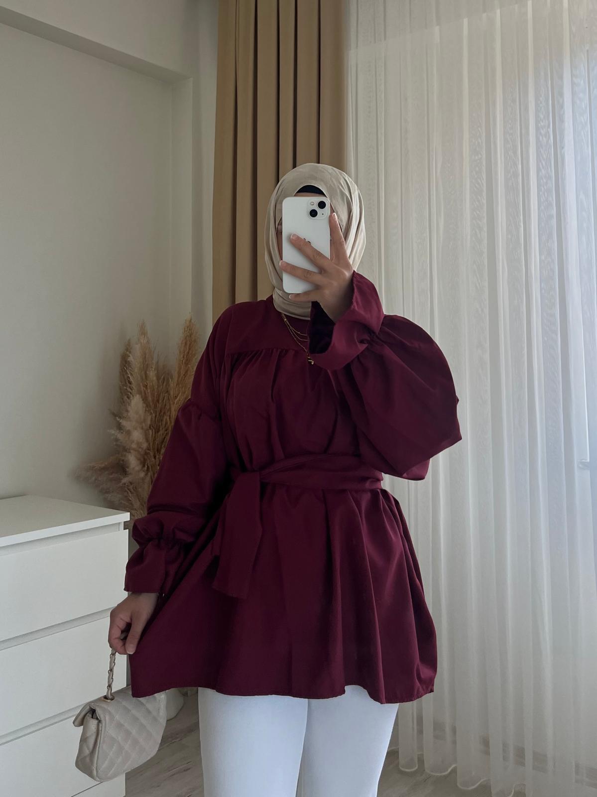 KUŞAKLI BORDO GÖMLEK