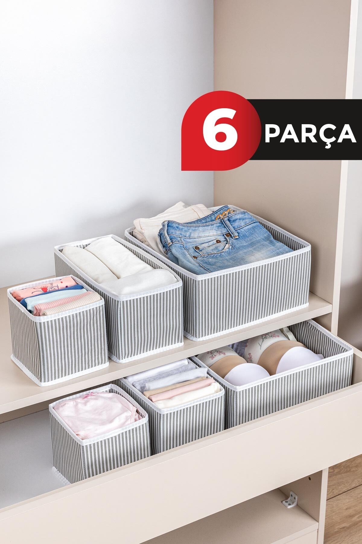6 Lı Çekmece Düzenleyici Gri Gri Çizgili