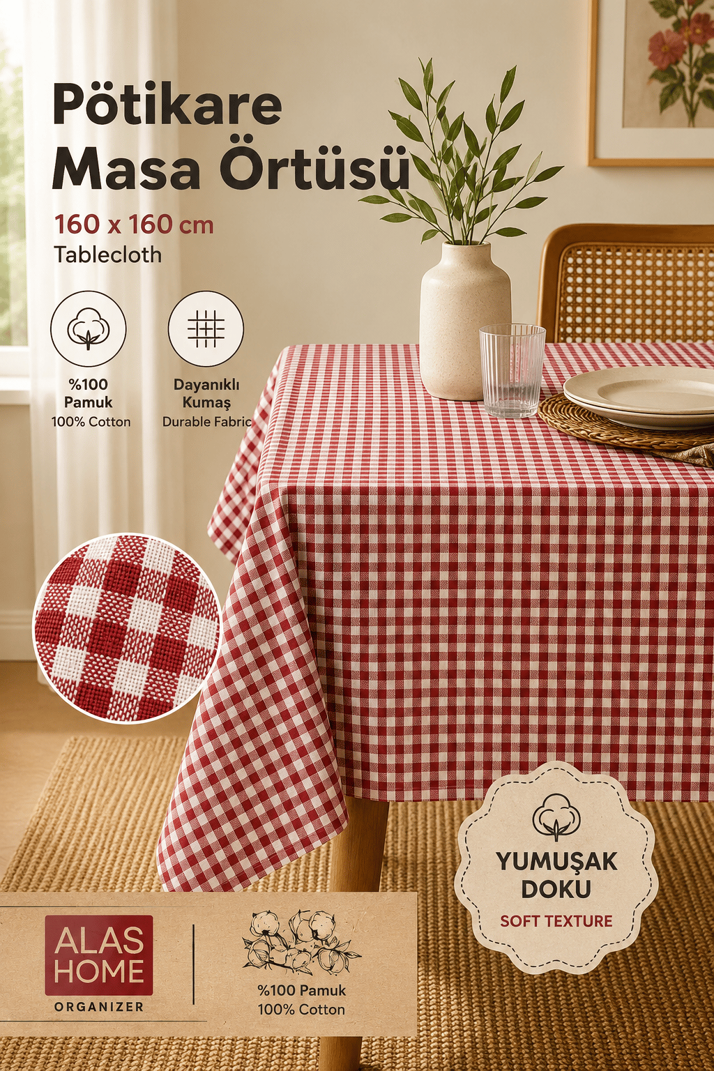 Kırmızı Piknik Bahçe Balkon Masa Örtüsü 160 x 160 Kırmızı