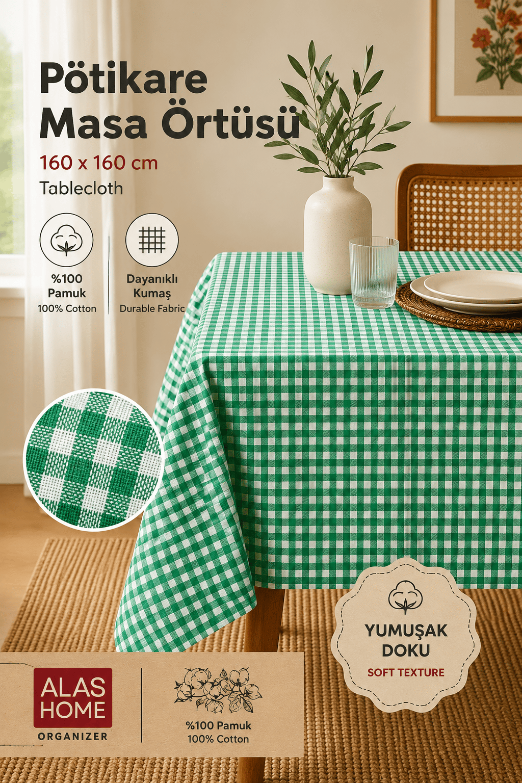 Yeşil Piknik Bahçe Balkon Masa Örtüsü 160 x 160 Yeşil