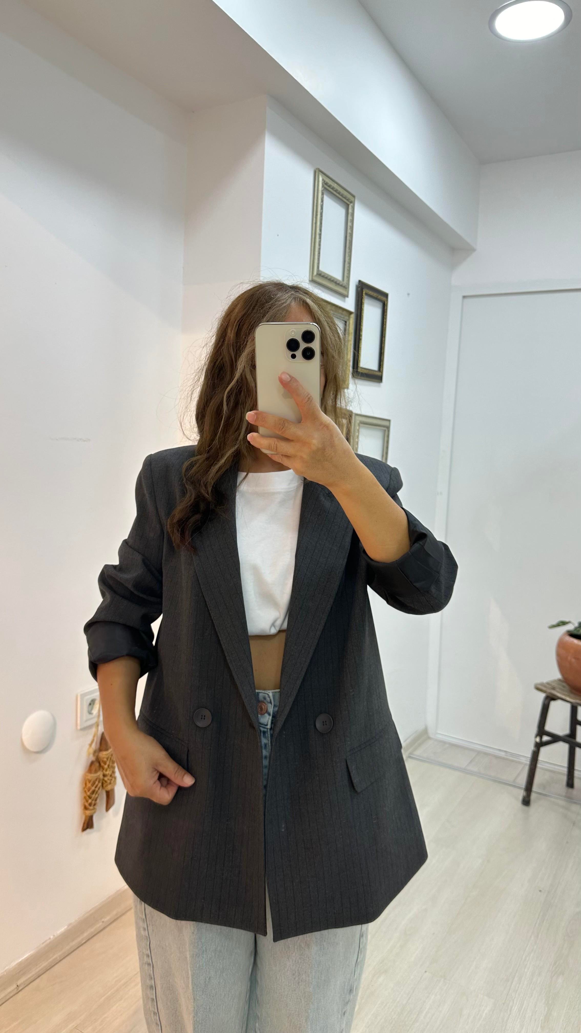 Çizgili Blazer Ceket - AntrasitCeket1C02