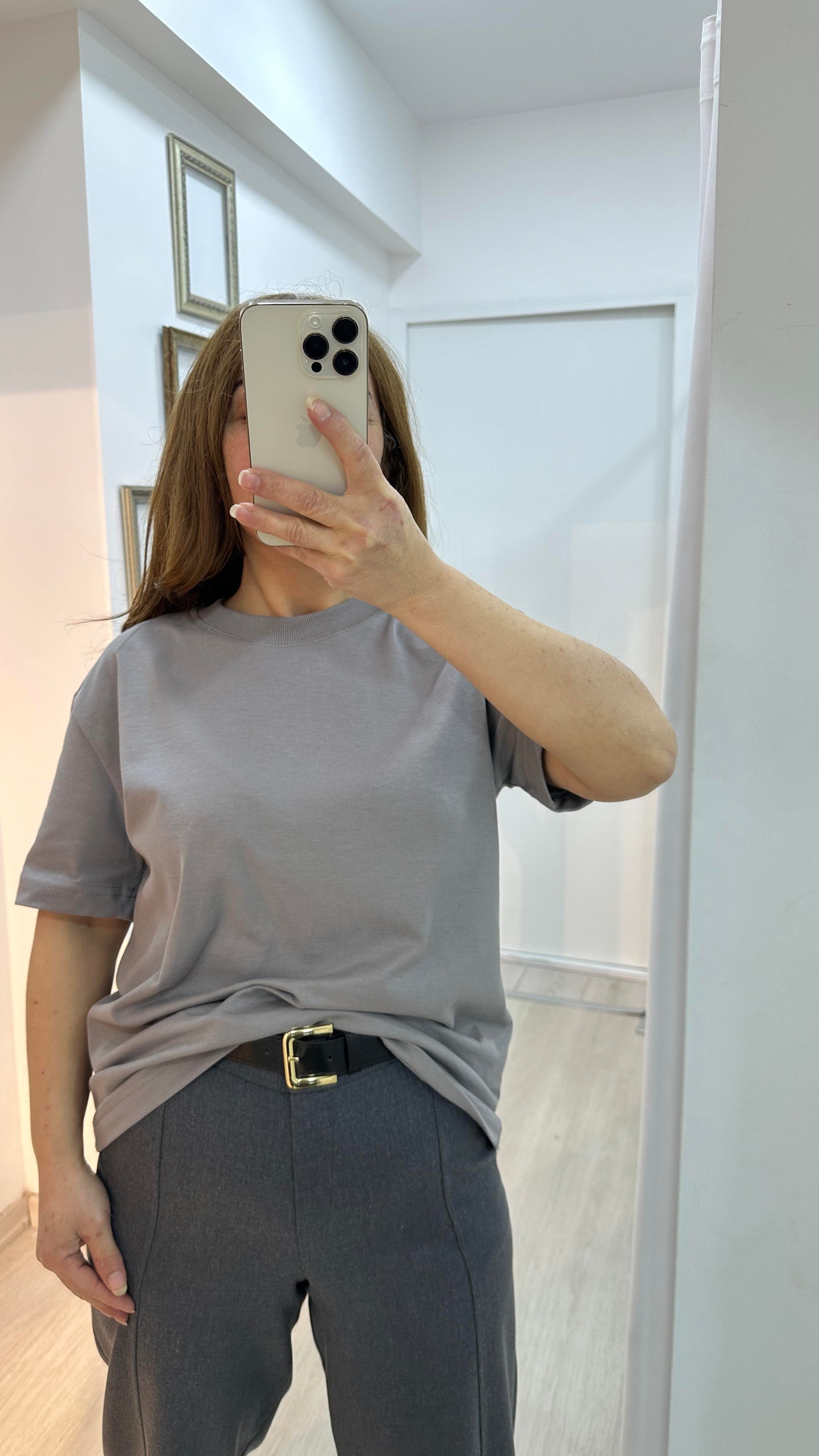 Dekoratif Dikişli Bisiklet Yaka T-shirt - GriT-Shirt02-TS0003
