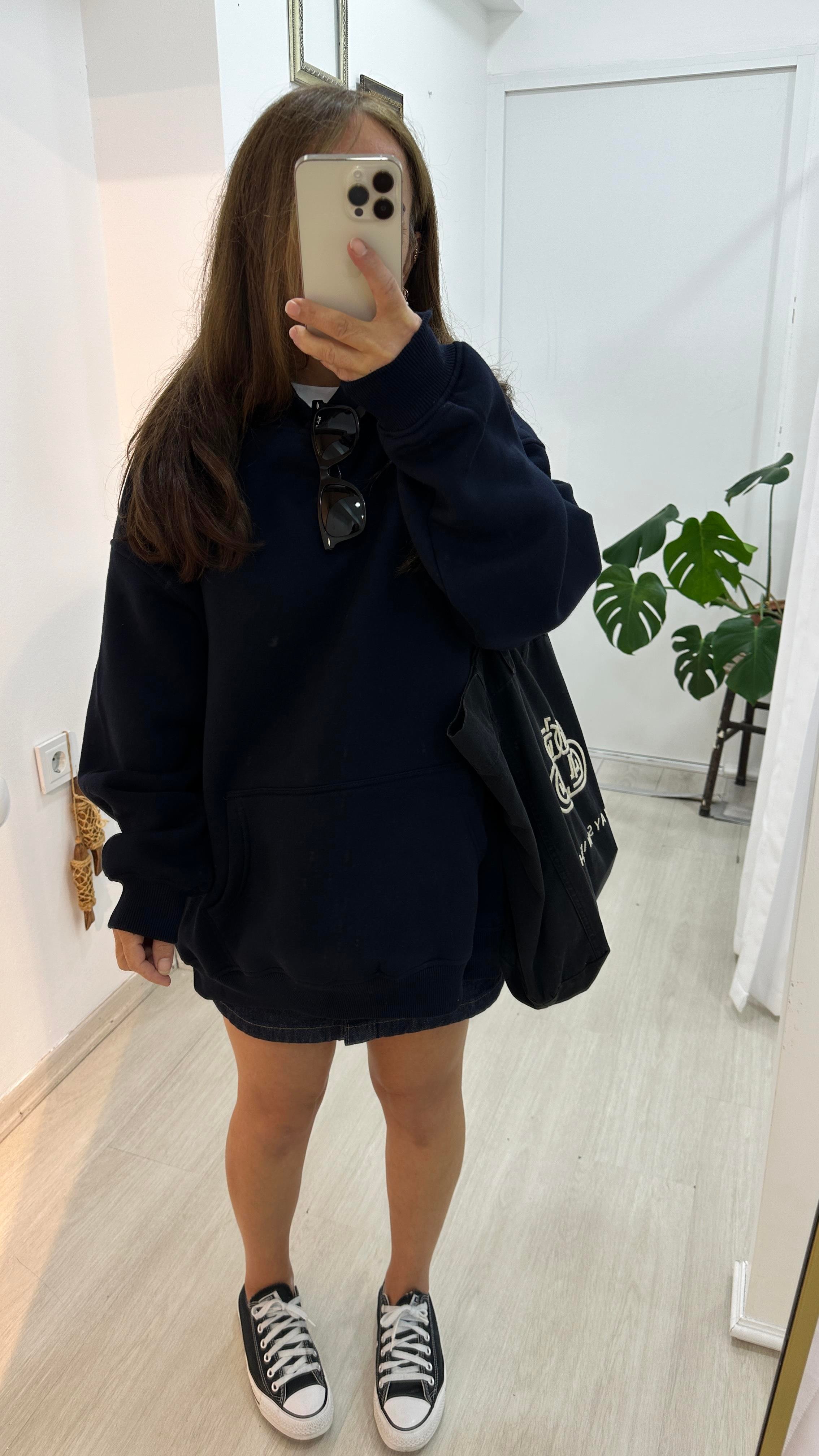 Oversize Kapüşonlu Cep Detaylı Sweatshirt - LacivertSweartshirt2S08