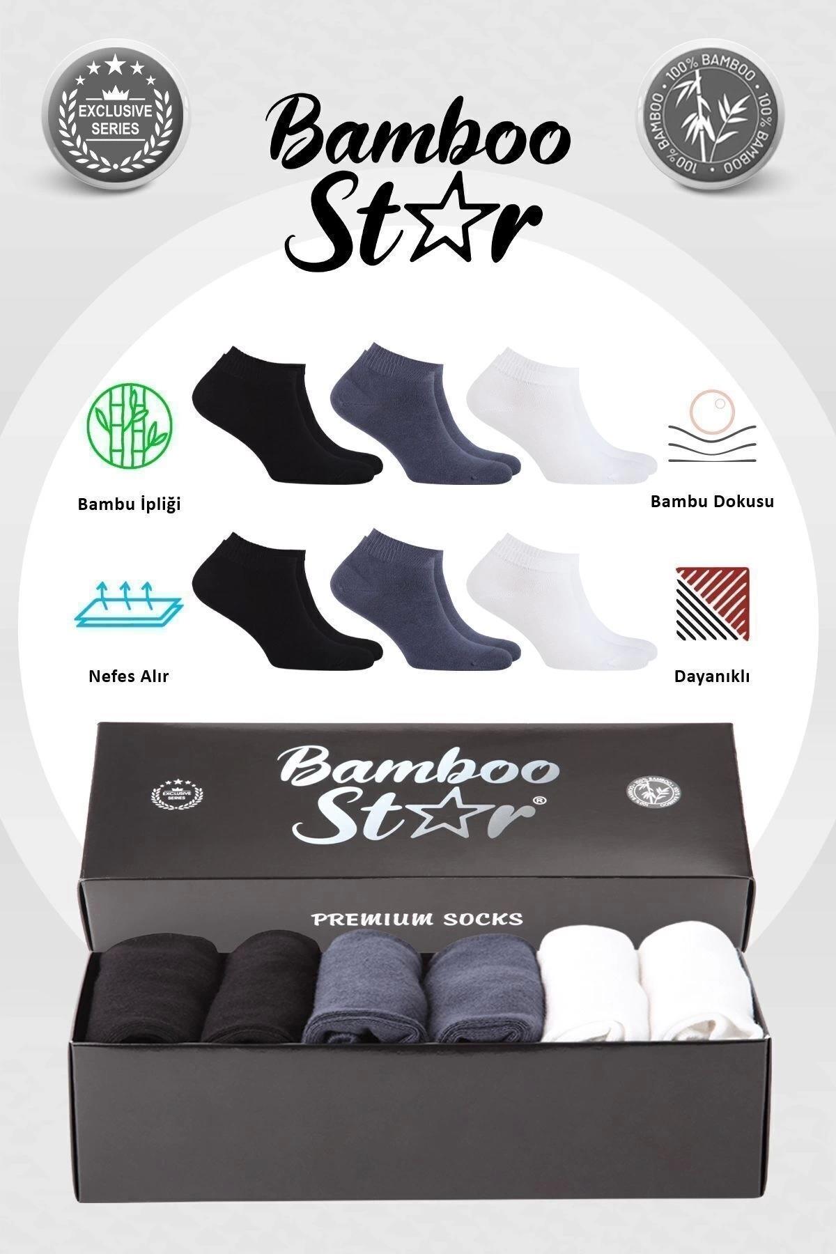 Bambu Erkek Patik Düz Asorti Dikişsiz Çorap  Premium Kutulu 6'lı (2 Beyaz - 2 Siyah - 2 Füme)