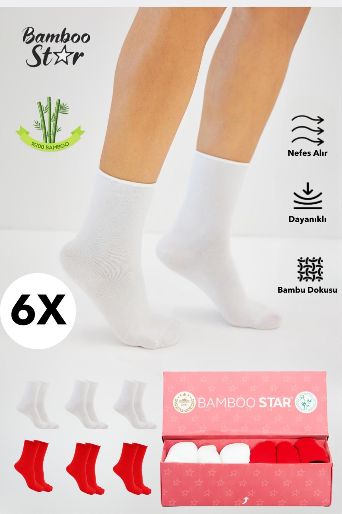 Bambu Kadın Lastiksiz Beyaz-Kırımızı Soket Dikişsiz Çorap 6'lı Paket Sıkmayan Çorap - İz Bırakmaz