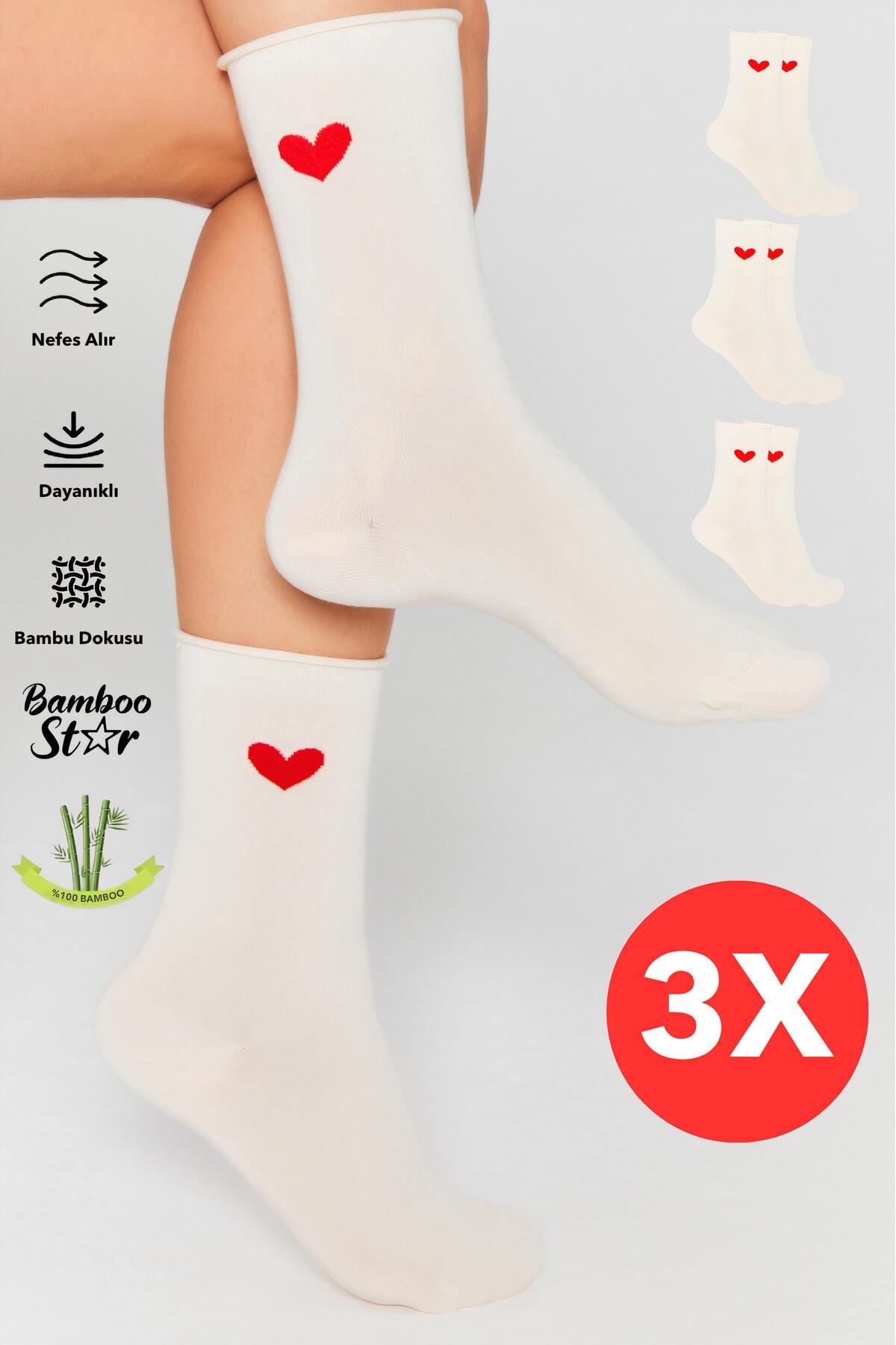 Bambu Kadın Lastiksiz Krem Soket Dikişsiz Kalp Desenli Çorap 3'lü Paket Sıkmayan Çorap / İz Bırakmaz