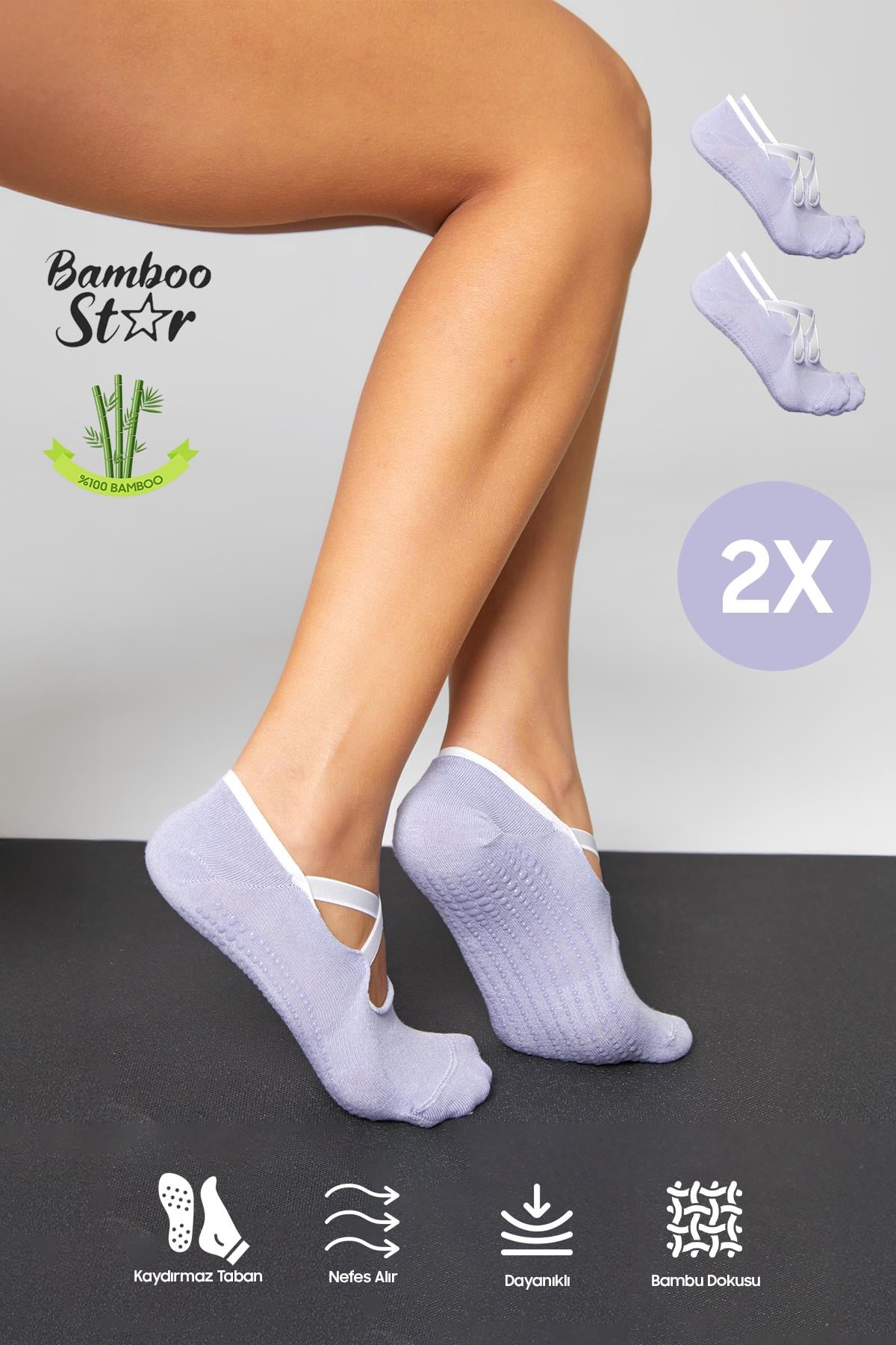 Bambu Kadın Lila Kaydırmaz Taban Silikon Baskı Pilates Yoga Fitness Dans Aktivite Babet Çorabı 2’Li