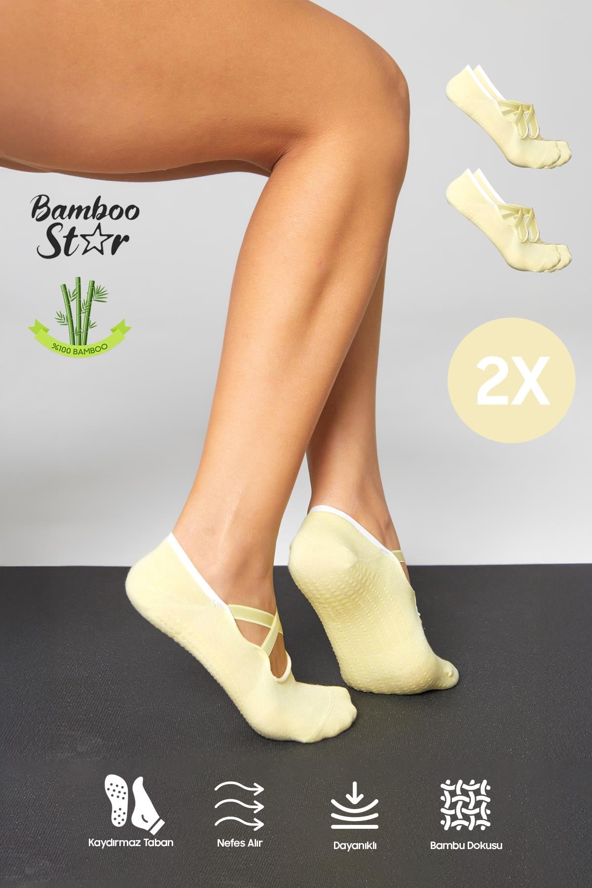 Bambu Kadın Sarı Kaydırmaz Taban Silikon Baskı Pilates Yoga Fitness Dans Aktivite Babet Çorabı 2’Li