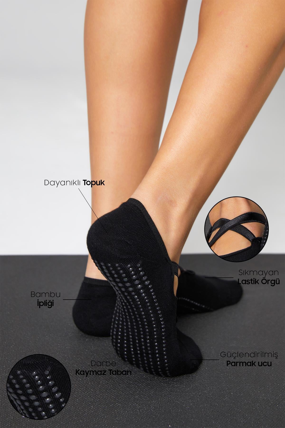Bambu Kadın Siyah Kaydırmaz Taban Silikon Baskı Pilates Yoga Fitness Dans Aktivite Babet Çorabı