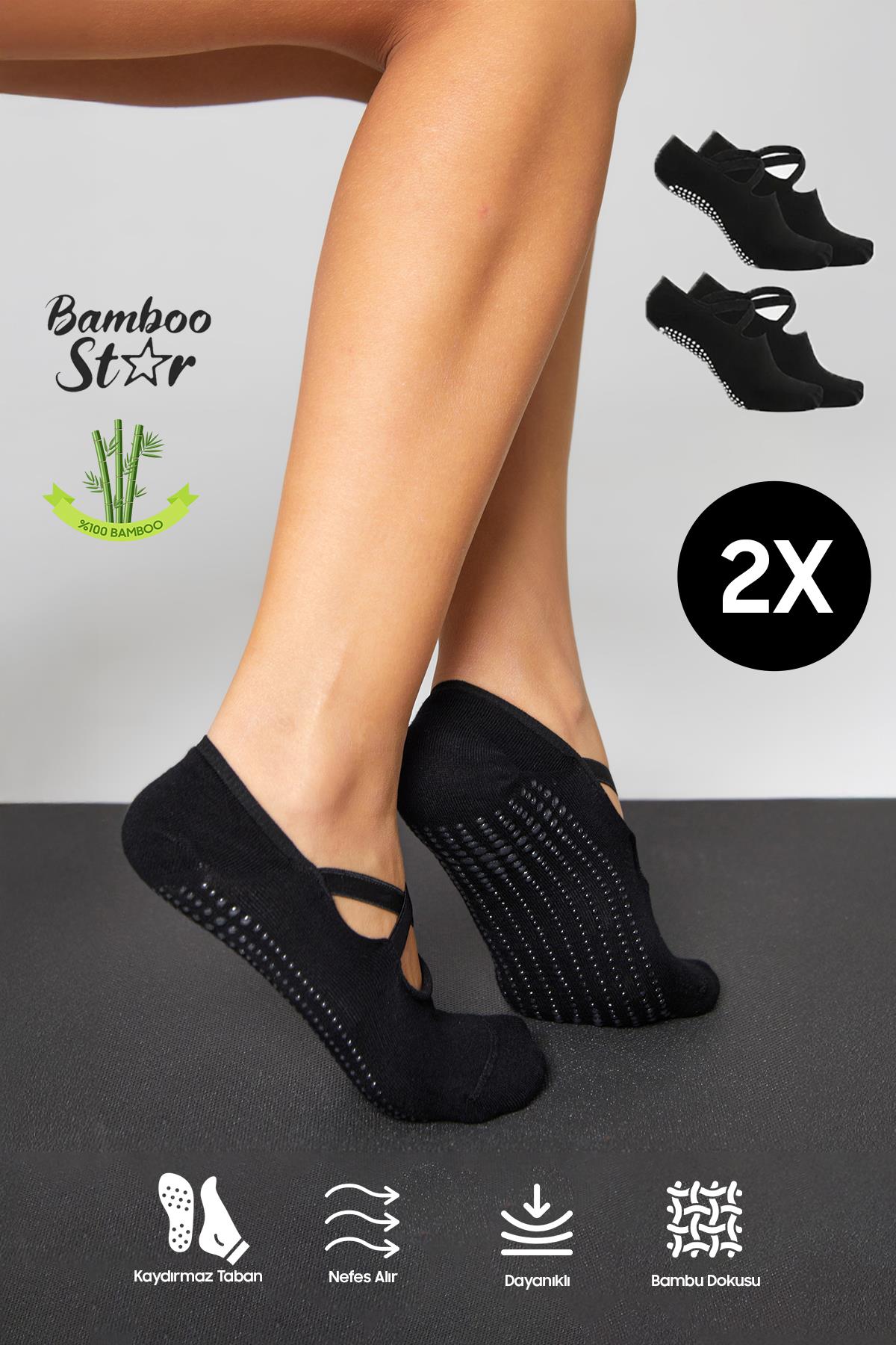 Bambu Kadın Siyah Kaydırmaz Taban Silikon Baskı Pilates Yoga Fitness Dans Aktivite Babet Çorabı 2’Li