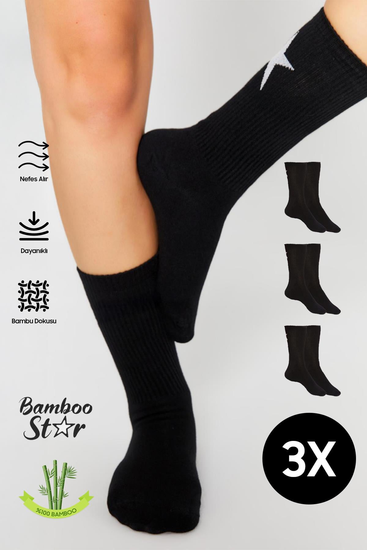 Bambu Kadın Siyah Tenis Kolej Yıldız Desenli Premium Dikişsiz Soket Siyah Çorap 3 Lü Premium Paket