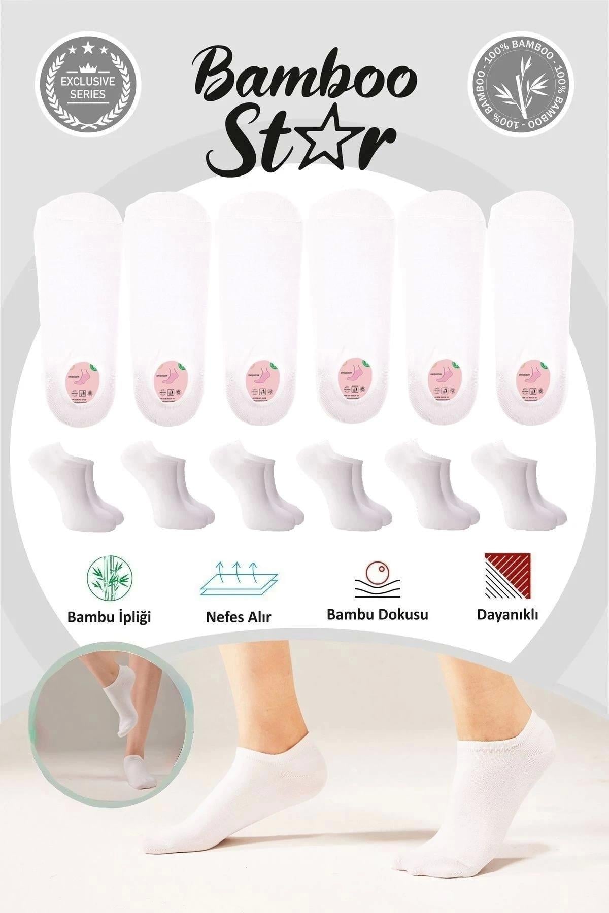 Bambu Kadın Sneaker Beyaz Çorap Dikişsiz Görünmez Bilekte Görünmez Spor Çorap Premium 6'lı Paket