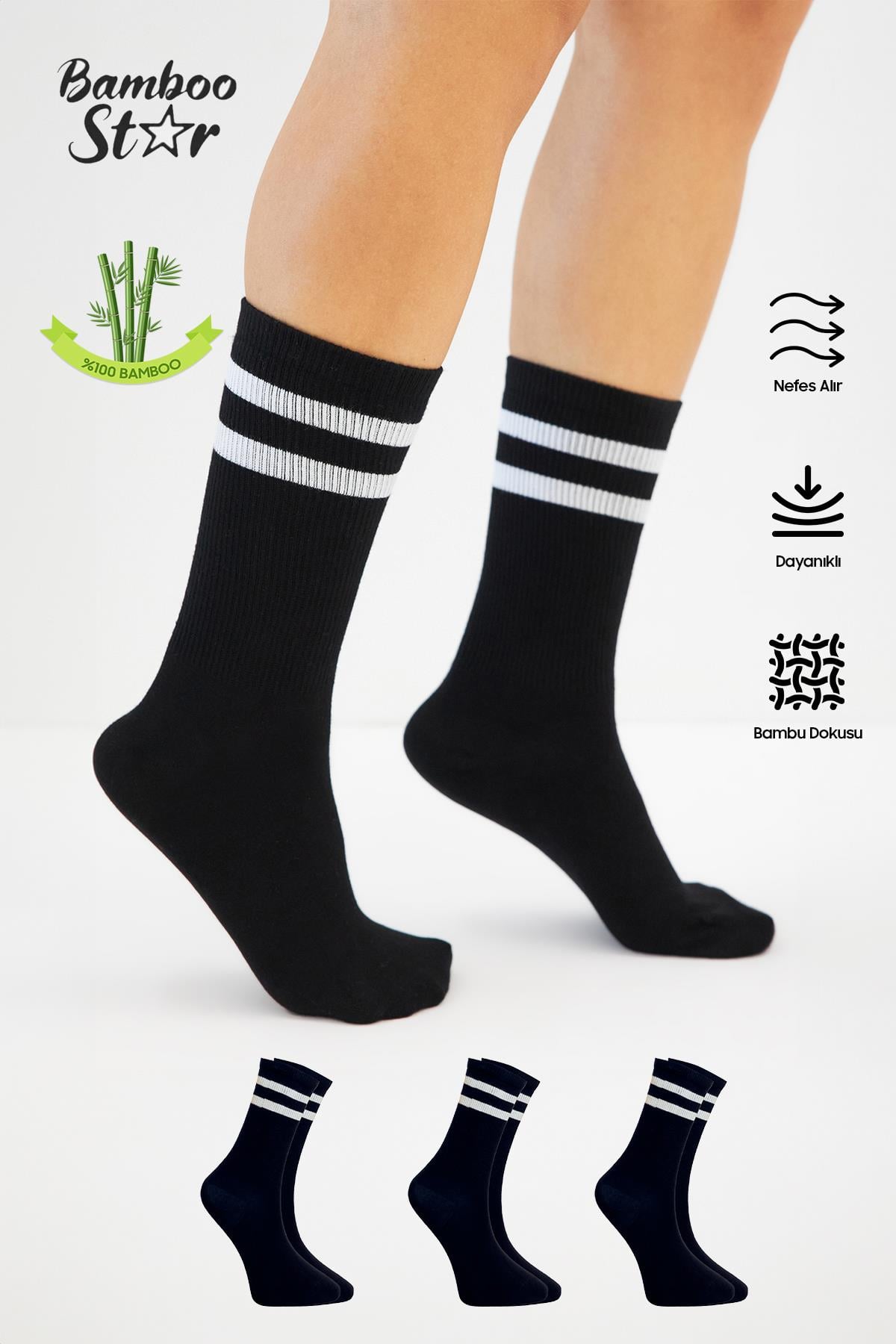 Bambu Tenis Çizgili Premium  Kolej Çorabı Unisex Siyah Dikişsiz Soket Çorap 3'lü Paket