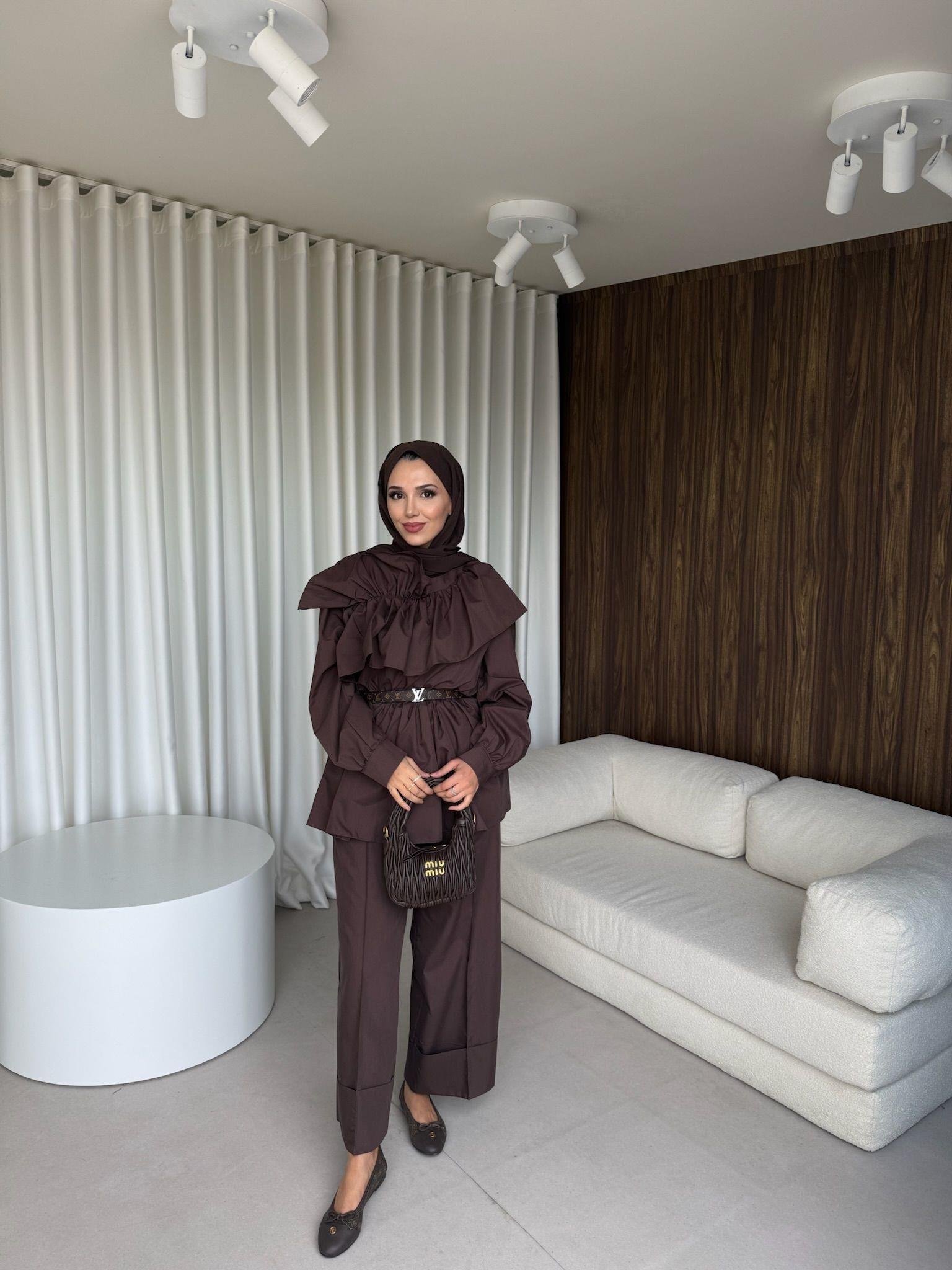 Fırfır Detaylı Pantolon Takım Kahverengi