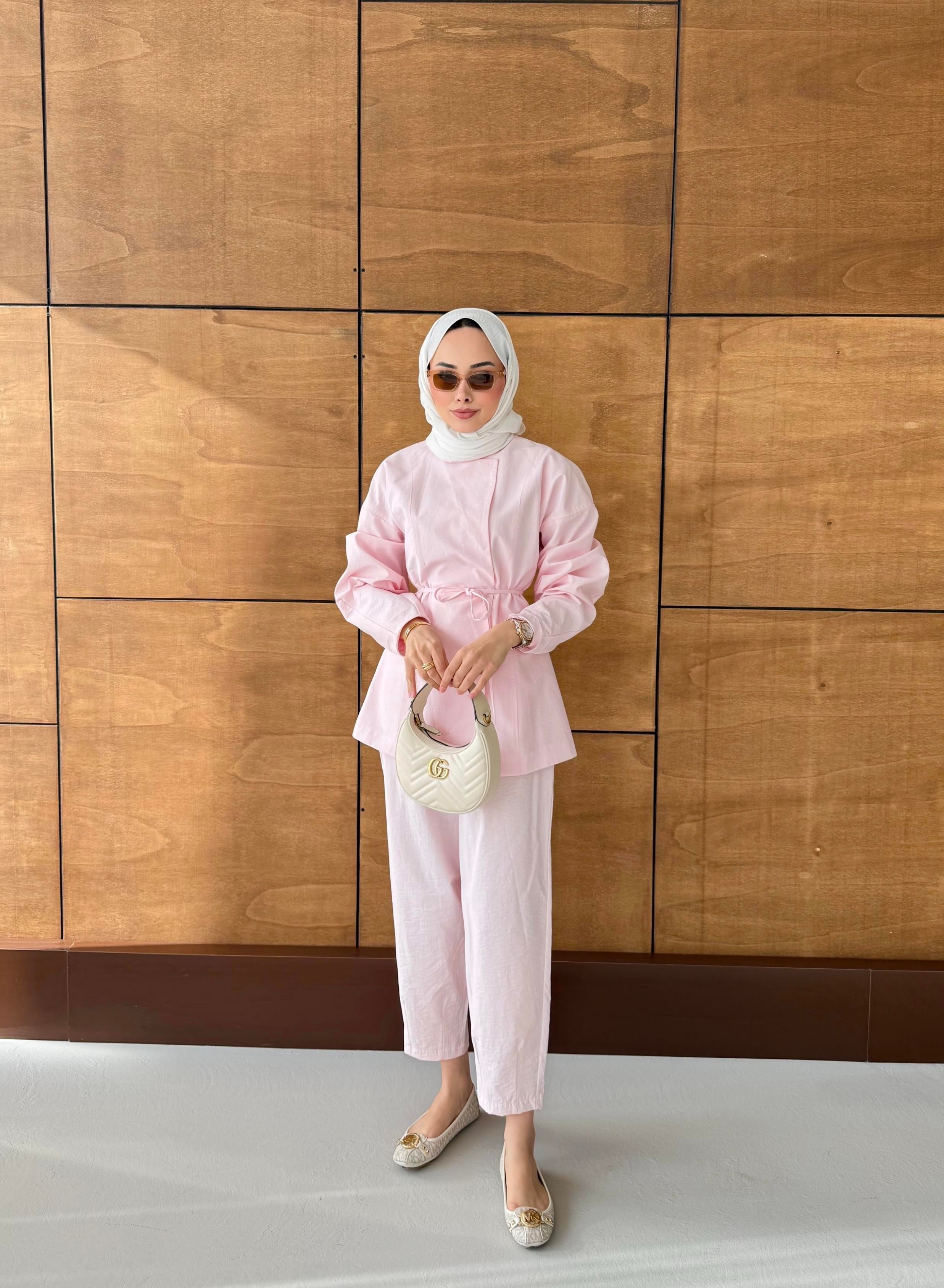 Kruvaze Yaka Kuşaklı Takım Pembe