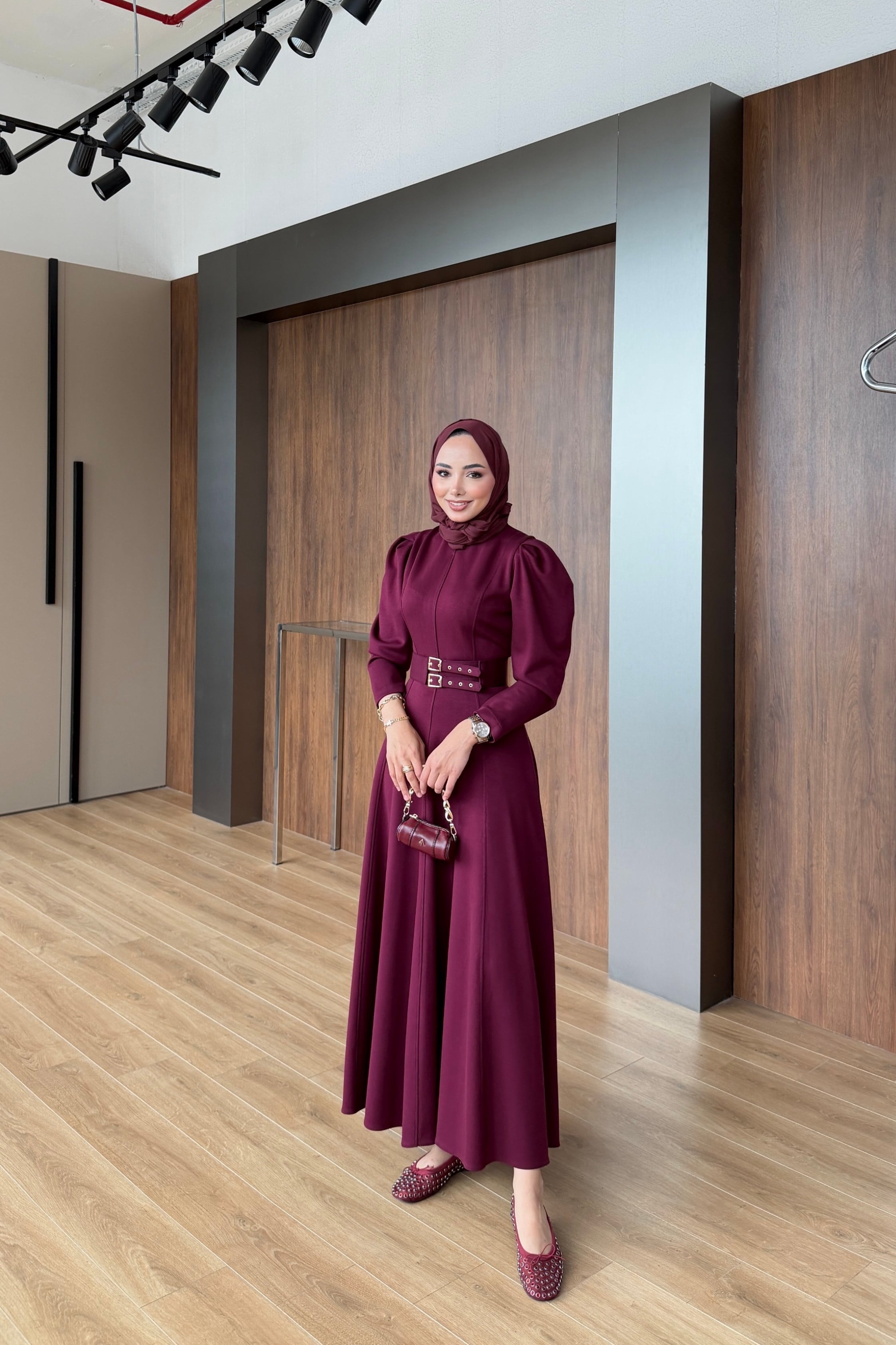 Yasemin Kemerli Elbise Bordo