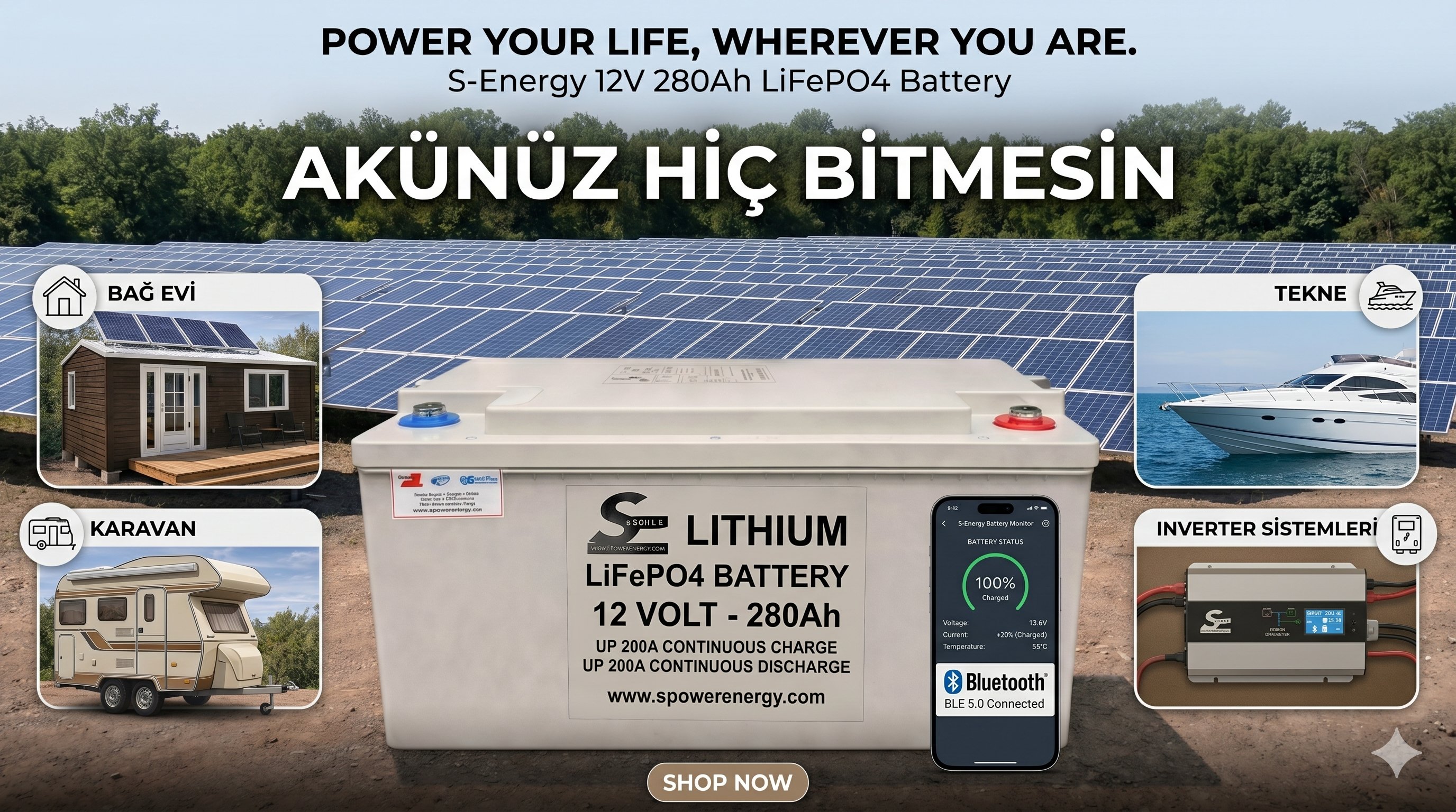 Spower 12V 280AH Lityum Lifepo4 Bluetooth Marin Kasa