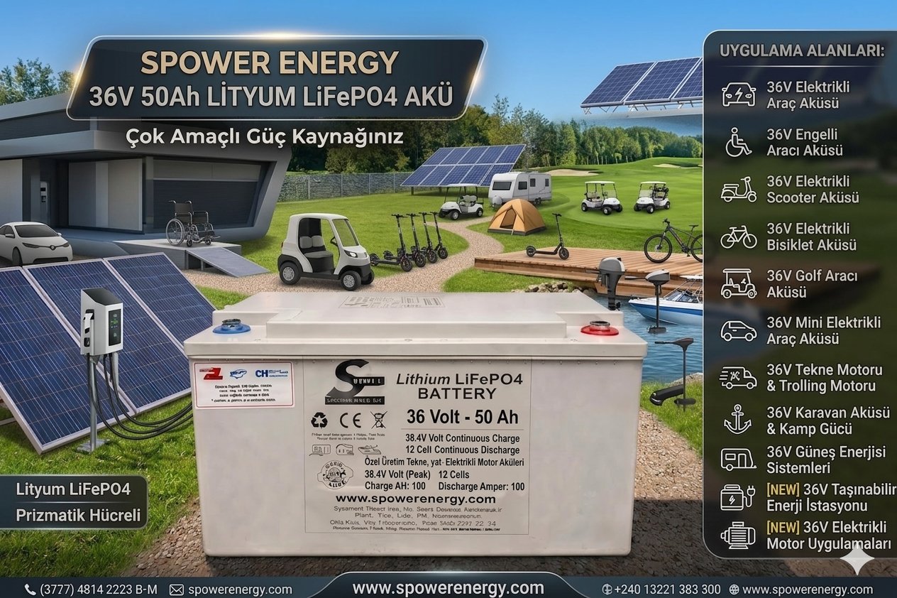 Spower 36 Volt 50Ah Bluetooth Kontrollü Prizmatik Hücreli LiFePO4 Akü