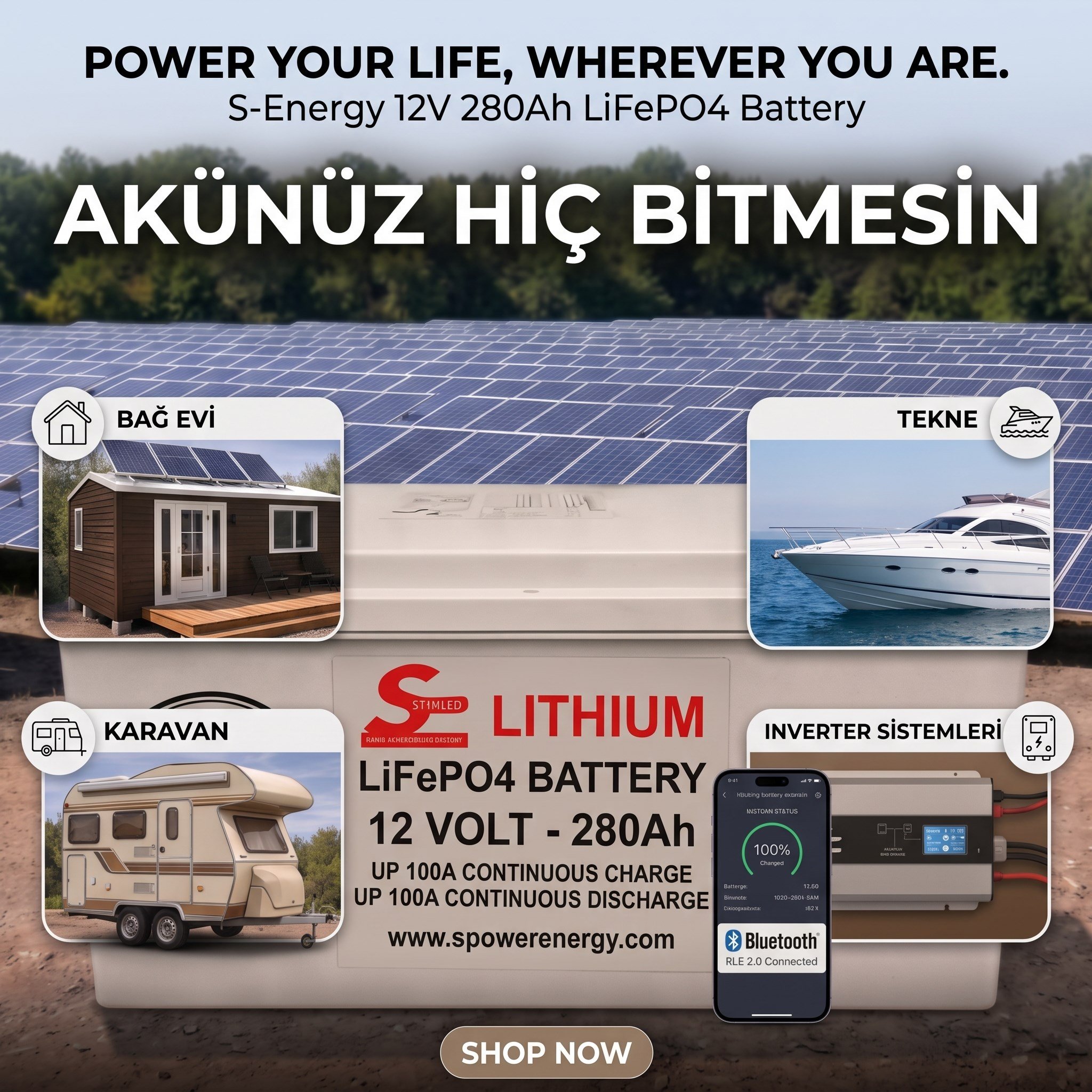 Spower SP Serisi 12V 280AH (12.8V) Lityum LiFePO4 Akü Bluetooth Serilenebilir Parallenebilir Akü