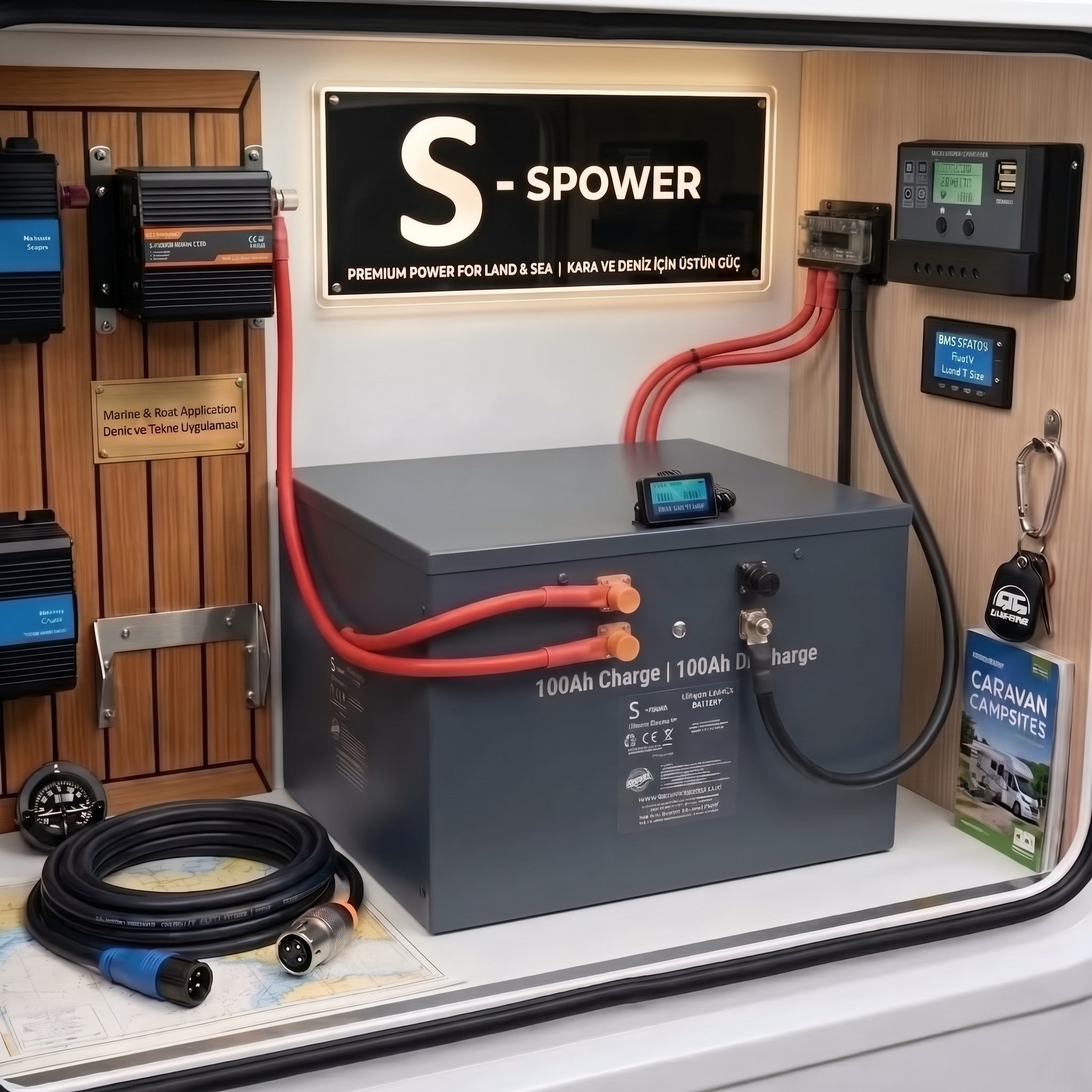 Spower SP Serisi 12V 560AH (12.8V) Lityum LiFePO4 Akü Bluetooth Serilenebilir Parallenebilir Akü